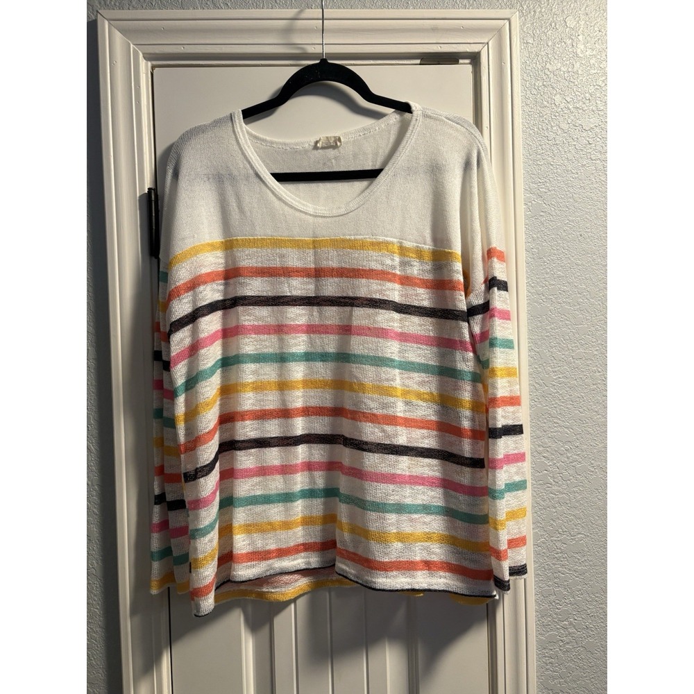 BIBI Striped Knit Sweater Women Large White Multi Color Lightweight BT1567-01